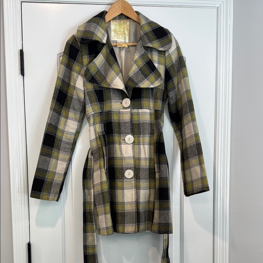 š Vintage Wet Seal Black and Green Plaid Coat with Wide Lapels Size Medium